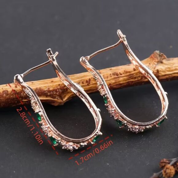 Horseshoe Shaped Gold Earrings Rhinestone Flowers Safety Hook - Picture 4 of 8